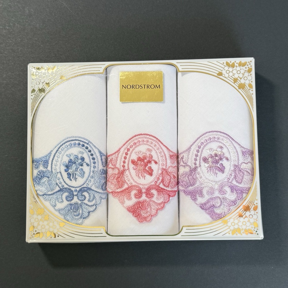 VTG Nordstrom Embroidered Cotton Handkerchiefs - Set of 3 - Germany - NEW In Box